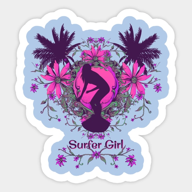 Surfer Girl catching a wave tropical tee shirt Sticker by LittleBean